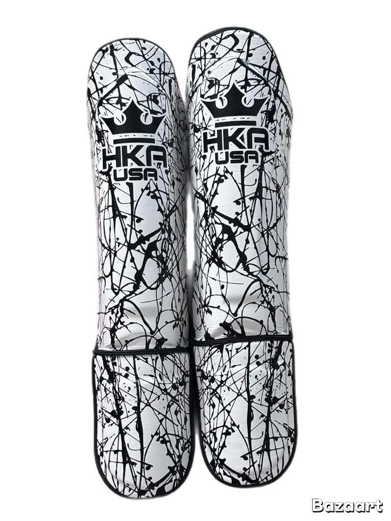 MMA Shin Guards Premium Line- Hook n Loop White Splatter