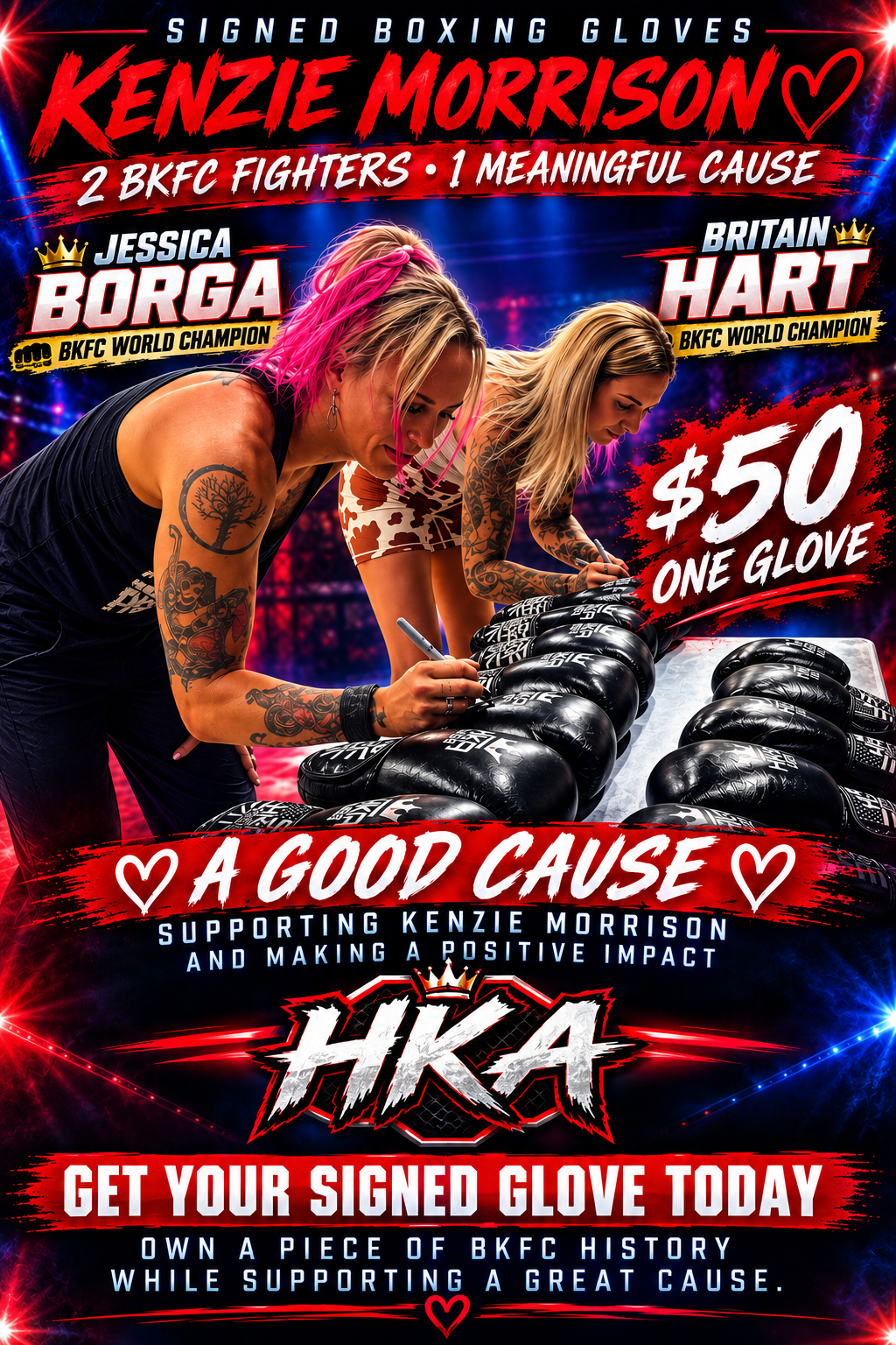 Signed Boxing Glove by BKFC Champions - Jessica Borga &amp; Britain Hart - Supporting Kenzie Morrison for his fight against cancer.