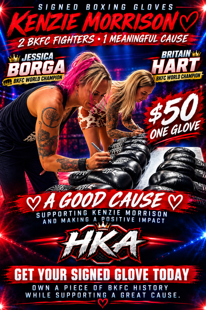Signed Boxing Glove by BKFC Champions - Jessica Borga &amp; Britain Hart - Supporting Kenzie Morrison for his fight against cancer.